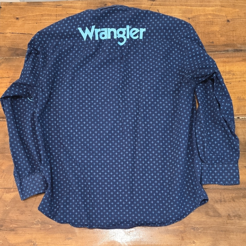 Wrangler Men’s Navy Button Down Shirt | Teal Logo Western‎ Shirt | Size L - Picture 6 of 6